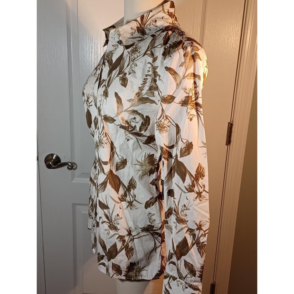 Nordstrom Signature Shirt Womens Medium White Tan Botanical Floral Button Up - Picture 2 of 6